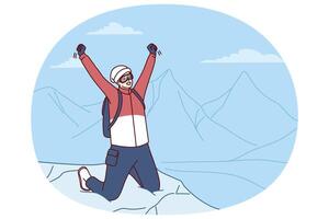 Inspired traveler man stands on mountaintop rejoicing at successful climbing Everest peak vector