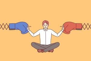 Man business mediator works in conflict management and sits between two boxing gloves vector