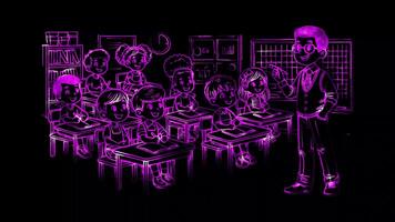 Glowing looping World Peace Day Classroom setting with children of diverse backgrounds learning together. neon frame effect, black background. video