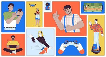 Using gadgets modern people bento grid illustration set. Devices typing, drone operating 2D image collage design graphics collection. Multiracial young adults flat characters moodboard layout vector