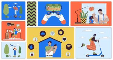 Modern lifestyle bento grid illustration set. Cool devices daily life 2D image collage design graphics collection. Multicultural people with gadgets flat characters moodboard layout vector