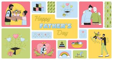 Happy father day bento grid illustration set. Fatherhood childhood 2D image collage design graphics collection. Third Sunday June. Diverse daughter dad son flat characters moodboard layout vector