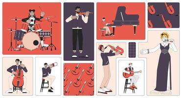 Musicians instruments bento grid illustration set. Symphony orchestra concert 2D image collage design graphics collection. Country guitarist, violin player flat characters moodboard layout vector