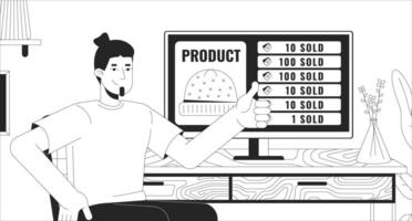 Man showing thumbs up happy of sales black and white 2D illustration concept. Entrepreneur selling hats online outline cartoon scene background. E commerce metaphor metaphor monochrome art vector