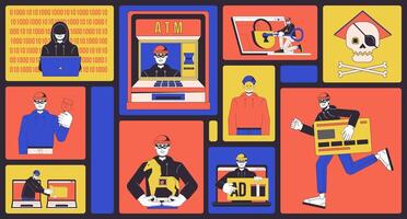 Cyber crimes bento grid illustration set. Cyberattacks 2D image collage design graphics collection. Trojan malware. Internet crime financial. Theft hackers flat characters moodboard layout vector