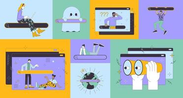 World wide web search bento grid illustration set. Surfing online 2D image collage design graphics collection. Multinational people browsing internet flat characters moodboard layout vector
