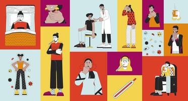 Staying sick at home bento grid illustration set. Fever high, cold symptoms, immunization 2D image collage design graphics collection. Multinational sick people flat characters moodboard layout vector