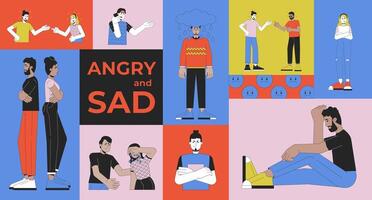 Angry and sad people bento grid illustration set. Domestic quarrels, arguing, complaining 2D image collage design graphics collection. Diverse adults flat characters moodboard layout vector