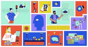 AI technologies people bento grid illustration set. Innovations 2D image collage design graphics collection. Voiceover artist, artificial intelligence engineers flat characters moodboard layout vector