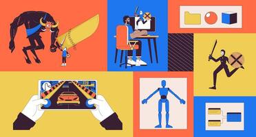 game development bento grid illustration set. Gamedev at computer modeling 2D image collage design graphics collection. Gamer playing games flat characters moodboard layout vector