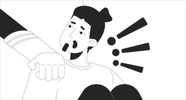 Caucasian man surprised by shoulder touching black and white 2D illustration concept. Male irritated by interruption outline cartoon scene background. Emotions metaphor metaphor monochrome art vector