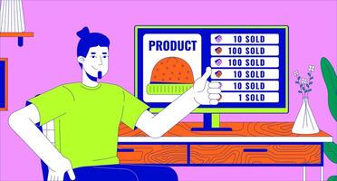 Caucasian man showing thumbs up happy of successful sales 2D linear illustration concept. Entrepreneur selling hats online cartoon scene background. E commerce metaphor abstract flat graphic vector