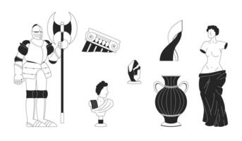 Ancient museum artifacts black and white 2D line cartoon objects set. Knight armor, mineral, vase, sculptures isolated outline items collection. Exhibition monochromatic flat spot illustrations vector