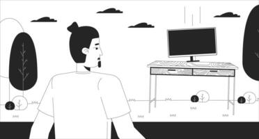 Confused man looking at computer desk appearing in park black and white line illustration. Doubted male cartoon outline character isolated on white. Surreal situation monochrome scene outline vector