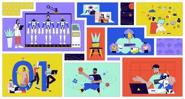 Software developers bento grid illustration set. Robotics manufacturing, coding 2D image collage design graphics collection. Diverse programmers technology flat characters moodboard layout vector