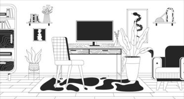 Freelancer workplace with computer in home office black and white line illustration. Modern pc on desk in empty room 2D interior monochrome background. Remote job outline scene image vector