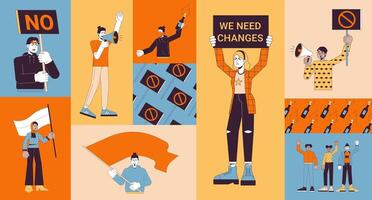 Protesting movement bento grid illustration set. Democracy solidarity 2D image collage design graphics collection. Gen z demonstrators adults multicultural flat characters moodboard layout vector