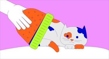 Owner covering cat with hat 2D linear illustration concept. Person comforting cute calico kitten cartoon scene background. Taking care of feline animal metaphor abstract flat graphic vector