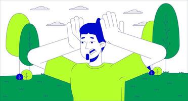 Stressed caucasian man clutching head in park cartoon flat illustration. Scared european male lost in wood 2D lineart character isolated on white background. Negative emotions scene color image vector