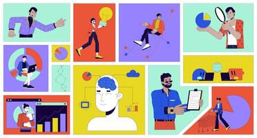 Data analytics people bento grid illustration set. Graph charts analysis 2D image collage design graphics collection. Multicultural adults statisticians flat characters moodboard layout vector