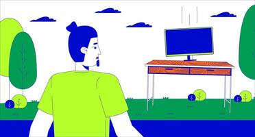 Confused european man looking at computer desk appearing in park cartoon flat illustration. Doubted male 2D lineart character isolated on white background. Surreal situation scene color image vector