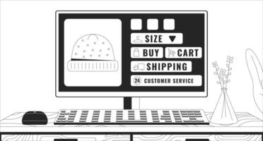 Knitted hats selling web site open on computer black and white 2D illustration concept. Ordering on internet outline cartoon scene background. Online shopping metaphor metaphor monochrome art vector