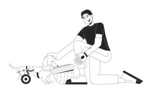 Man with arm prosthesis feeding disabled dog from hat black and white 2D line cartoon character. Pet owner with disabilities isolated outline person. Life monochromatic flat spot illustration vector