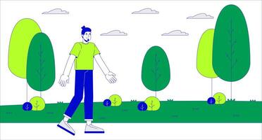Positive caucasian man walking in spring park cartoon flat illustration. Happy male european in nature 2D lineart character isolated on white background. Leisure activity scene color image vector