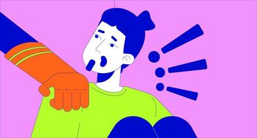 Caucasian man surprised by unexpected shoulder touching 2D linear illustration concept. European male irritated by interruption cartoon scene background. Emotions metaphor abstract flat graphic vector