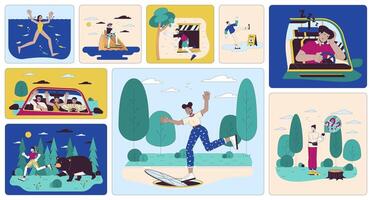 People in dangerous situations bento grid illustration set. Accidents in everyday life 2D image collage design graphics collection. Diverse adults unsafe flat characters moodboard layout vector