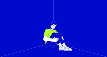 Sad caucasian man crying while sitting in dark corner 2D linear illustration concept. European male dealing with trauma cartoon scene background. Depression metaphor abstract flat graphic vector