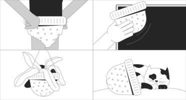 Hat alternative usage samples black and white 2D illustration concept. Knitted head accessory outline cartoon scene background. Clothes wearing and using metaphor metaphor monochrome art vector