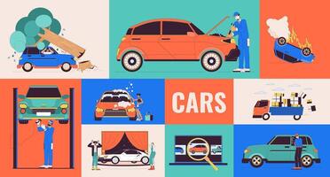 Cars in daily life bento grid illustration set. Drivers, mechanics 2D image collage design graphics collection. Multicultural people with vehicles automobiles flat characters moodboard layout vector