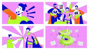 Opening musical talent cartoon flat illustration set. Multiracial heroes team supporting creativity 2D line characters colorful background. Arts scene storytelling image collection vector