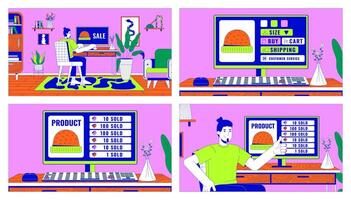 Selling hats in online store cartoon flat illustration set. Caucasian men ordering clothes on internet 2D line characters colorful background. E commerce scene storytelling image collection vector