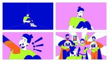 Fighting boredom cartoon flat illustration set. Superheroes helping caucasian man to find hobby 2D line characters colorful background. Creativity developing scene storytelling image collection vector