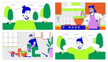 Alternative hat usage and panic attack outdoors cartoon flat illustration set. Multiracial adults 2D line characters colorful background. Lifestyle scene storytelling image collection vector