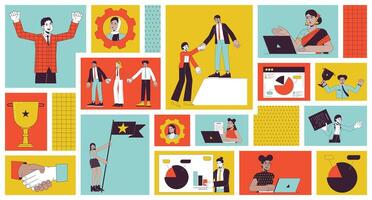 Corporate workers success bento grid illustration set. Team leader teamwork, pie charts 2D image collage design graphics collection. Remote employees laptops flat characters moodboard layout vector