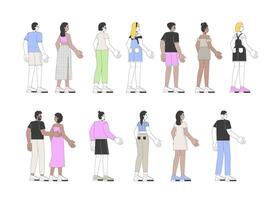 Standing back view multicultural adults 2D linear cartoon characters set. Summer outfit tourists isolated line people white background. Casual attire color flat spot illustrations collection vector
