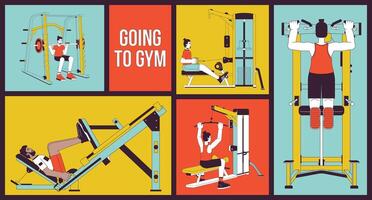 Men gym sports training bento grid illustration set. Weights lifting, pullups. Bodybuilding muscles 2D image collage design graphics collection. Exercise male flat characters moodboard layout vector