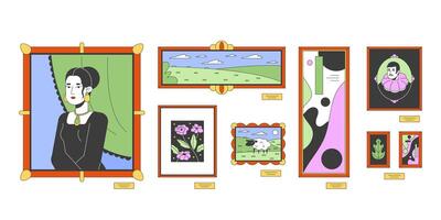 Famous paintings for art gallery 2D linear cartoon objects set. Exhibition artwork isolated line elements white background. Masterpiece picture frames color flat spot illustration collection vector