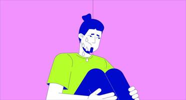 Crying european man hugging knees 2D linear illustration concept. Caucasian male suffering from depression cartoon scene background. Mental health support metaphor abstract flat graphic vector