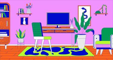 Freelancer workplace with computer in home office cartoon flat illustration. Modern pc on desk in empty room 2D line interior colorful background. Remote job scene storytelling image vector