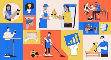 Jobs small business bento grid illustration set. Part time work 2D image collage design graphics collection. Ecommerce. Online entrepreneurs multinational flat characters moodboard layout vector