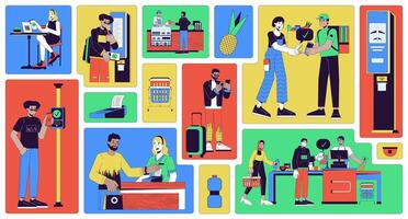 Wireless payment in everyday life bento grid illustration set. Contactless services 2D image collage design graphics collection. Diverse people paying mobile flat characters moodboard layout vector