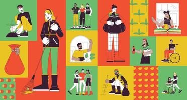 We culture mentality bento grid illustration set. Improving environment in neighborhood 2D image collage design graphics collection. Inclusive people diverse flat characters moodboard layout vector