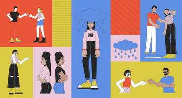 Annoyed displeased people bento grid illustration set. Quarrel conflict 2D image collage design graphics collection. Irritated grumpy. Crying depressed adults flat characters moodboard layout vector