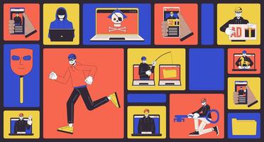 Cyber frauds bento grid illustration set. Robber scammers with mobile phones, laptops 2D image collage design graphics collection. Computer hackers crimes flat characters moodboard layout vector