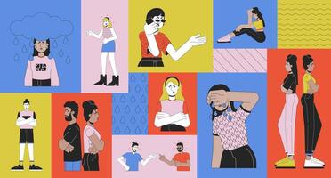 Irritated frustrated emotions bento grid illustration set. Quarrel anger depression 2D image collage design graphics collection. Unhappy people diverse flat characters moodboard layout vector
