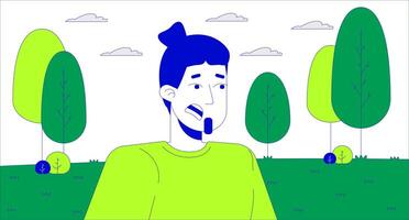 Scared man in summer park cartoon flat illustration. Shocked european male expressing negative emotions 2D lineart character isolated on white background. Lost in forest scene color image vector